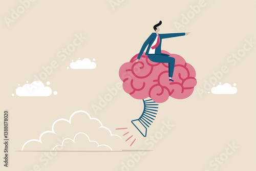 Brain intelligence, resilience or creativity to control thinking process for new idea, smart or wisdom to brainstorm, imagination to success concept, businessman riding human brain with springboard.