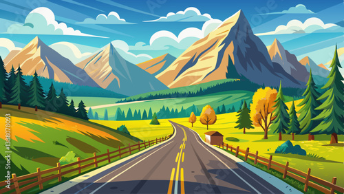 Empty asphalt country road with alpine mountain scenery in summer