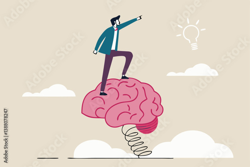 Brain intelligence, resilience or creativity to control thinking process for new idea, smart or wisdom to brainstorm, imagination to success concept, businessman riding human brain with springboard.