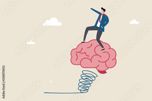 Brain intelligence, resilience or creativity to control thinking process for new idea, smart or wisdom to brainstorm, imagination to success concept, businessman riding human brain with springboard.