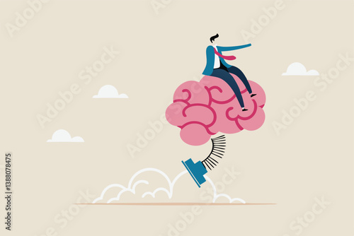 Brain intelligence, resilience or creativity to control thinking process for new idea, smart or wisdom to brainstorm, imagination to success concept, businessman riding human brain with springboard.