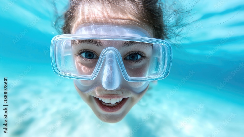 Fototapeta premium Smiling child underwater with snorkel gear