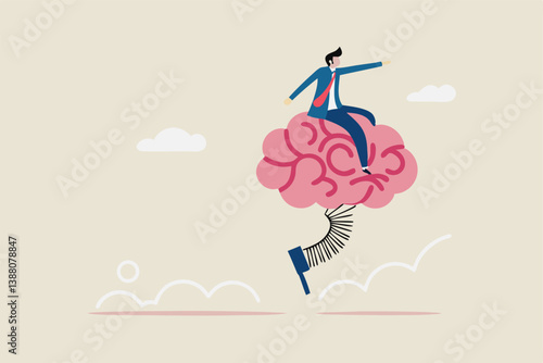 Brain intelligence, resilience or creativity to control thinking process for new idea, smart or wisdom to brainstorm, imagination to success concept, businessman riding human brain with springboard.