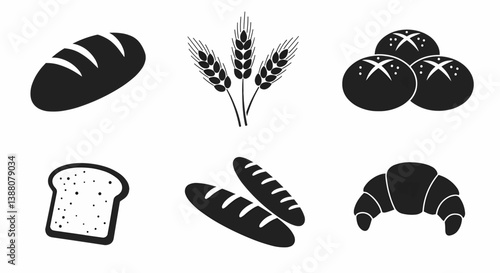 A flat, slightly three-dimensional illustration of six baked goods and wheat stalks arranged in a grid pattern on a white background. The style is clean, simple, and playful, with bold. Vector 