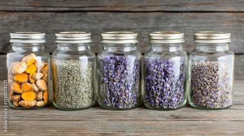 A collection of glass jars filled with various dried herbs and spices, displayed on a wooden surface, showcasing natural colors and textures.