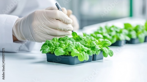 Gloved hands carefully examine vibrant green seedlings in small trays. The lab setting is clean and bright. The image is sharp, well-lit, and professionally shot. Its style is scientific and precis