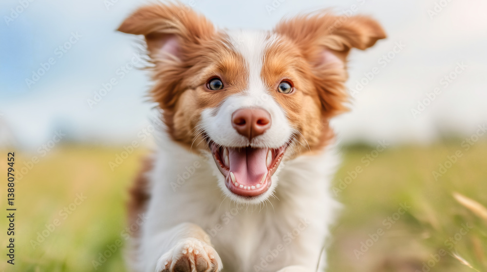 A cheerful puppy with brown and white fur joyfully dashes through a lush green field under a clear blue sky, exuding happiness and energy A cheerful puppy with brown and white fur joyfully dashes through a lush green field under a clear blue sky, exuding happiness and energy