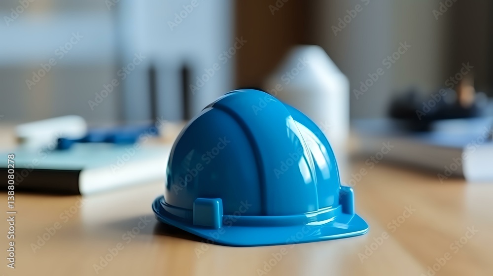 Blue construction hard hat on wooden desk with blurred office background, highlighting workplace safety and industrial protection equipment for engineering projects.