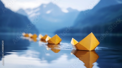 Yellow paper boats float peacefully on a tranquil lake surrounded by majestic mountains during a calm morning