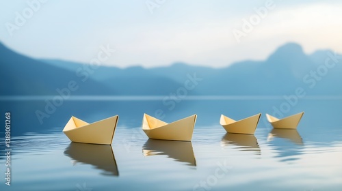 Various paper boats drifting on calm water with distant mountains in the background during early morning light