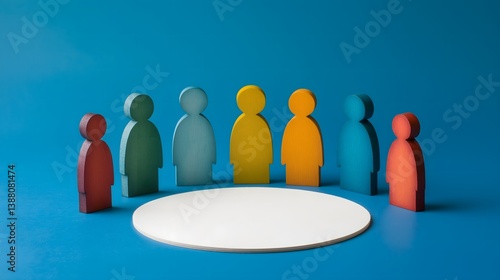 Colorful Wooden Human Figures Surround a Small Circular Base Against a Blue Background in a Creative Assembly Display