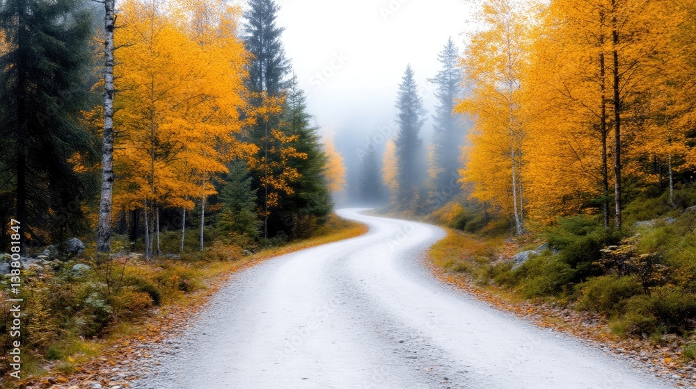 A winding gravel road curves through a misty autumn forest. Bright yellow trees line the path, contrasting with darker evergreens. The scene is softly lit, creating a tranquil mood. The images high A winding gravel road curves through a misty autumn forest. Bright yellow trees line the path, contrasting with darker evergreens. The scene is softly lit, creating a tranquil mood. The images high