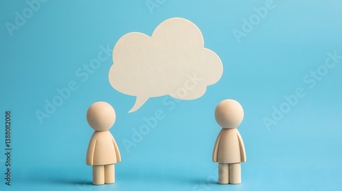 Two figurines stand beneath a large speech bubble, engaging in conversation against a light blue background while expressing ideas and emotions through their posture