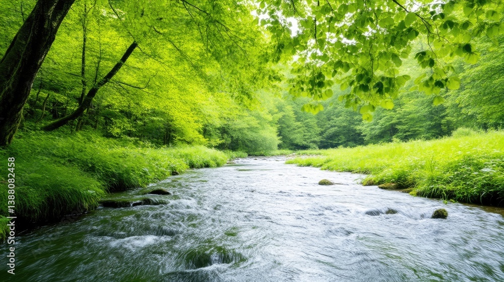 Fototapeta premium A tranquil stream flows through a lush green forest. Lush vegetation lines the banks. The image features natural lighting, creating a serene mood. The style is naturalistic, showcasing vibrant green