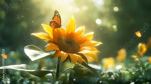 Field of sunflowers with rustic windmill at sunset high resolution picture