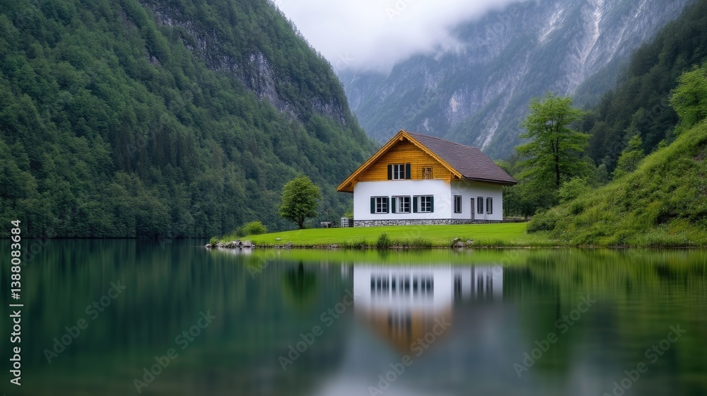 Mountain Lakeside House Green Hills Serene Landscape High Definition Still Water Wide Angle Perfect Reflection Peaceful Solitude Misty Mountain Range Emerald Greens Ideal for Real Estate Ads Mountain Lakeside House Green Hills Serene Landscape High Definition Still Water Wide Angle Perfect Reflection Peaceful Solitude Misty Mountain Range Emerald Greens Ideal for Real Estate Ads