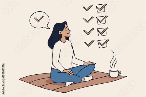 Work focus, concentration to complete tasks, efficiency or productivity success, multitasking, organize or planning to finish work concept, businesswoman meditate focus on work completed checkbox.