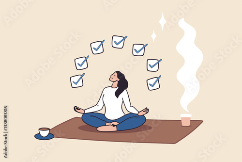 Work focus, concentration to complete tasks, efficiency or productivity success, multitasking, organize or planning to finish work concept, businesswoman meditate focus on work completed checkbox.