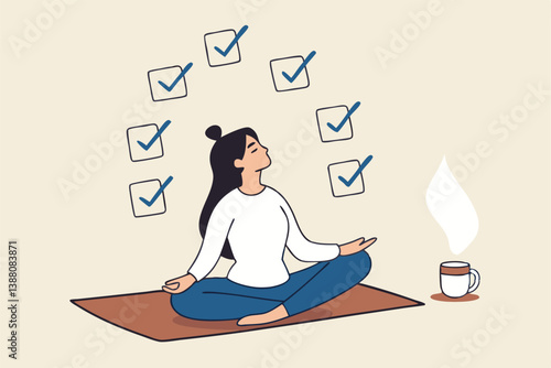 Work focus, concentration to complete tasks, efficiency or productivity success, multitasking, organize or planning to finish work concept, businesswoman meditate focus on work completed checkbox.