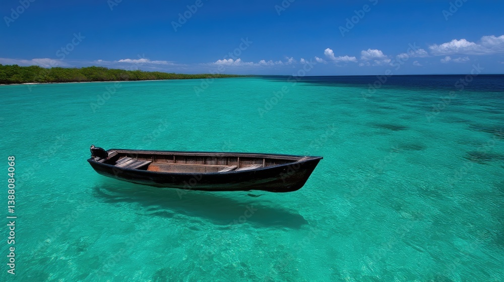 Naklejka premium Tranquil turquoise water, lone wooden boat floats peacefully. Lush green shoreline stretches into the distance under a vibrant blue sky