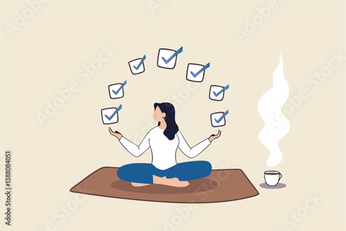 Work focus, concentration to complete tasks, efficiency or productivity success, multitasking, organize or planning to finish work concept, businesswoman meditate focus on work completed checkbox.