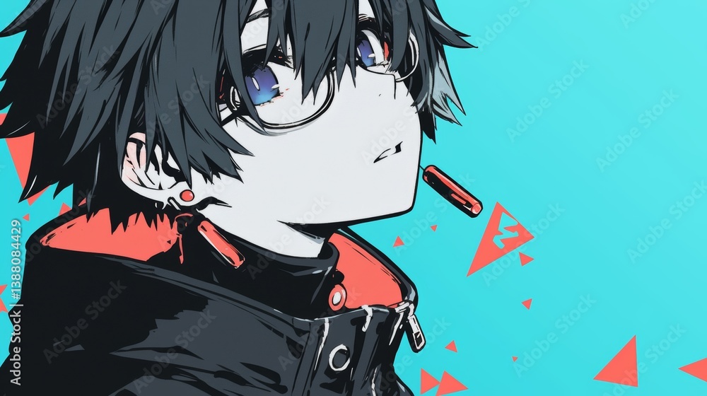 Naklejka premium Stylish Anime Boy with Glasses and Red Accents