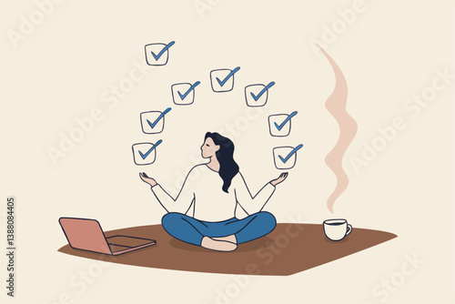 Work focus, concentration to complete tasks, efficiency or productivity success, multitasking, organize or planning to finish work concept, businesswoman meditate focus on work completed checkbox.