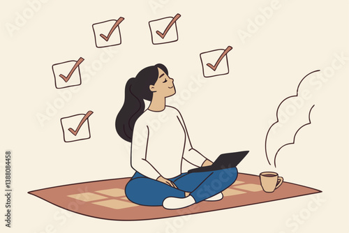 Work focus, concentration to complete tasks, efficiency or productivity success, multitasking, organize or planning to finish work concept, businesswoman meditate focus on work completed checkbox.