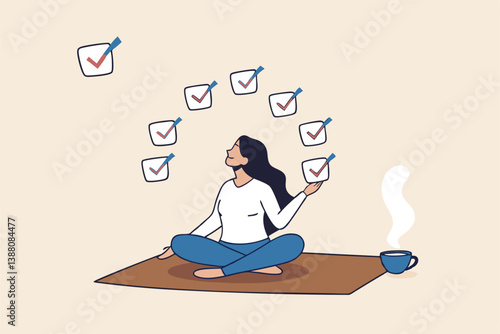 Work focus, concentration to complete tasks, efficiency or productivity success, multitasking, organize or planning to finish work concept, businesswoman meditate focus on work completed checkbox.