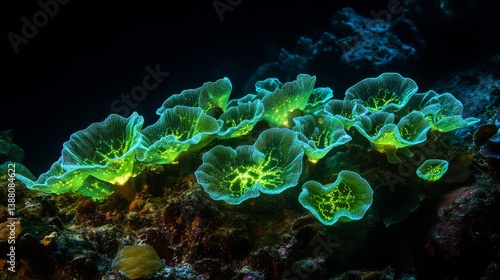 Glowing bioluminescent algae illuminating in dark water