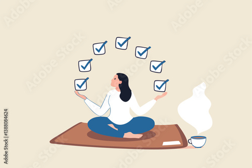 Work focus, concentration to complete tasks, efficiency or productivity success, multitasking, organize or planning to finish work concept, businesswoman meditate focus on work completed checkbox.