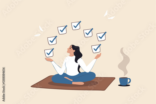 Work focus, concentration to complete tasks, efficiency or productivity success, multitasking, organize or planning to finish work concept, businesswoman meditate focus on work completed checkbox.
