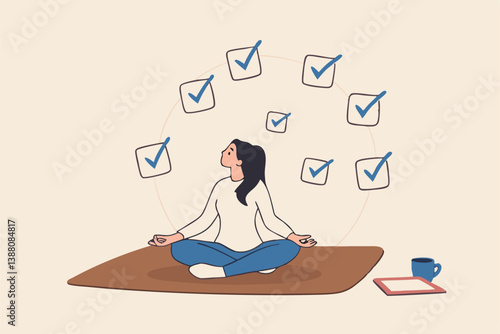 Work focus, concentration to complete tasks, efficiency or productivity success, multitasking, organize or planning to finish work concept, businesswoman meditate focus on work completed checkbox.