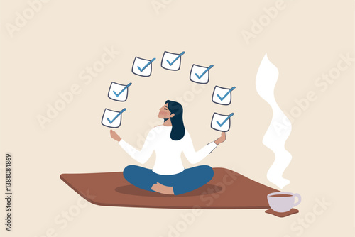 Work focus, concentration to complete tasks, efficiency or productivity success, multitasking, organize or planning to finish work concept, businesswoman meditate focus on work completed checkbox.