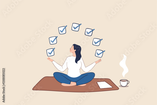 Work focus, concentration to complete tasks, efficiency or productivity success, multitasking, organize or planning to finish work concept, businesswoman meditate focus on work completed checkbox.