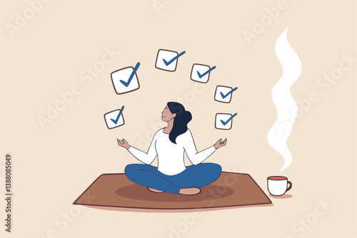 Work focus, concentration to complete tasks, efficiency or productivity success, multitasking, organize or planning to finish work concept, businesswoman meditate focus on work completed checkbox.