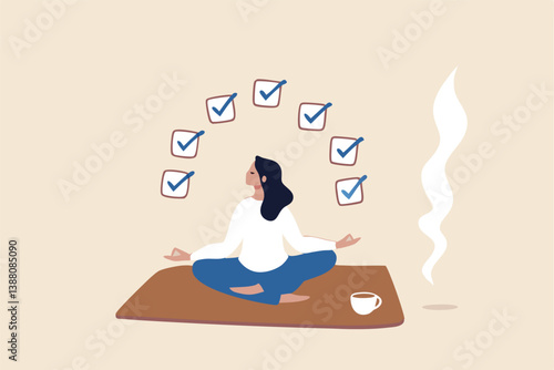 Work focus, concentration to complete tasks, efficiency or productivity success, multitasking, organize or planning to finish work concept, businesswoman meditate focus on work completed checkbox.