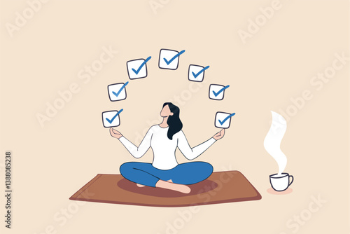 Work focus, concentration to complete tasks, efficiency or productivity success, multitasking, organize or planning to finish work concept, businesswoman meditate focus on work completed checkbox.