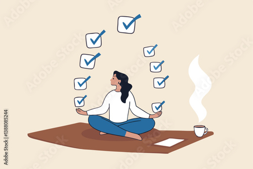 Work focus, concentration to complete tasks, efficiency or productivity success, multitasking, organize or planning to finish work concept, businesswoman meditate focus on work completed checkbox.