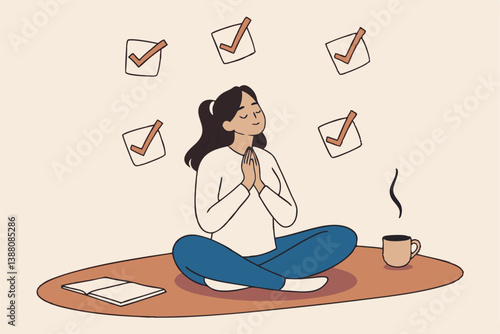Work focus, concentration to complete tasks, efficiency or productivity success, multitasking, organize or planning to finish work concept, businesswoman meditate focus on work completed checkbox.