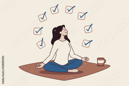 Work focus, concentration to complete tasks, efficiency or productivity success, multitasking, organize or planning to finish work concept, businesswoman meditate focus on work completed checkbox.