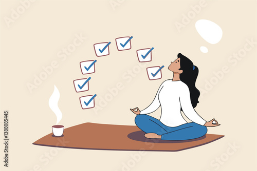 Work focus, concentration to complete tasks, efficiency or productivity success, multitasking, organize or planning to finish work concept, businesswoman meditate focus on work completed checkbox.