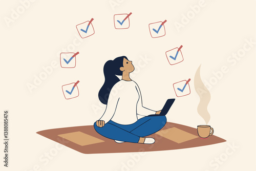 Work focus, concentration to complete tasks, efficiency or productivity success, multitasking, organize or planning to finish work concept, businesswoman meditate focus on work completed checkbox.
