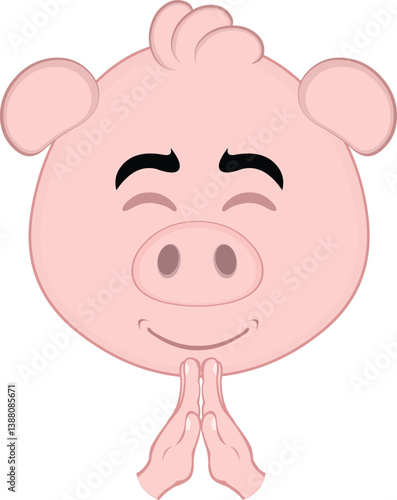 vector illustration emoji character face pig cartoon, with his hands in a praying position