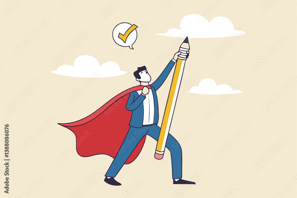 Fototapeta premium Finish work and achieve goal, responsibility, effort, productivity or efficiency to complete project, challenge to success concept, businessman superhero finish task checklist to achieve work target.