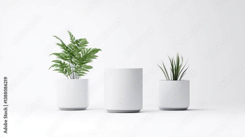 Obraz premium Three potted plants in white cylindrical pots sit on a white surface. A larger fern is in the leftmost pot a smaller grass-like plant is in the rightmost. Clean lines and a minimalist aesthetic are