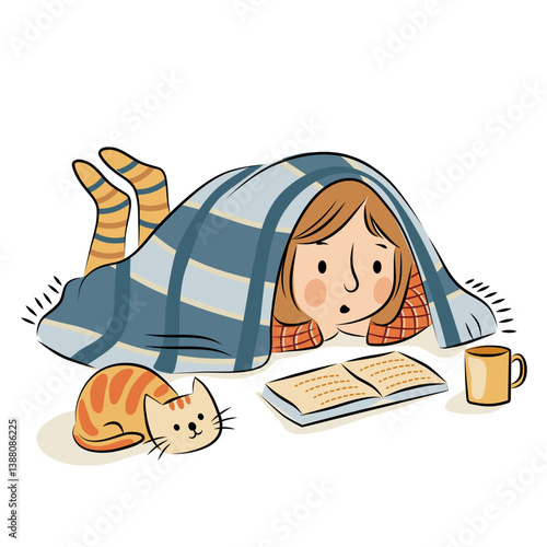 The girl lies under a blanket and reads a book. Nearby lies a cat and a cup of tea. Vector illustration