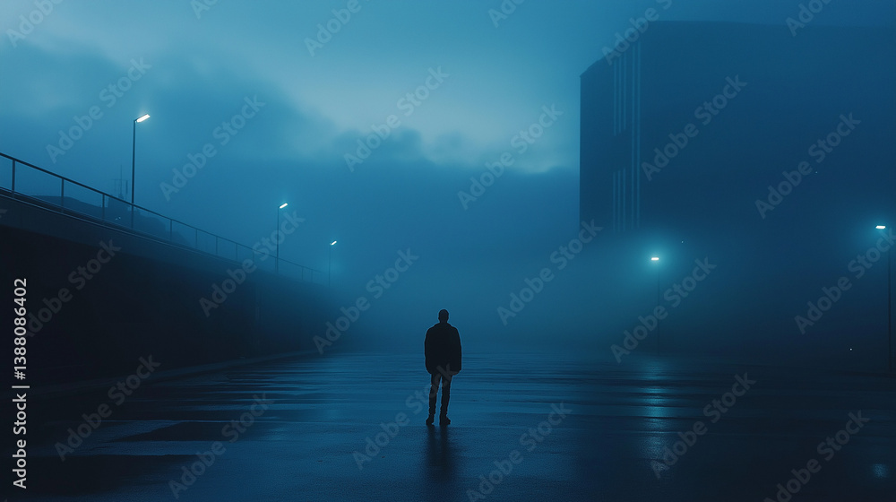 Fototapeta premium Mysterious figure standing alone in a foggy urban landscape during twilight