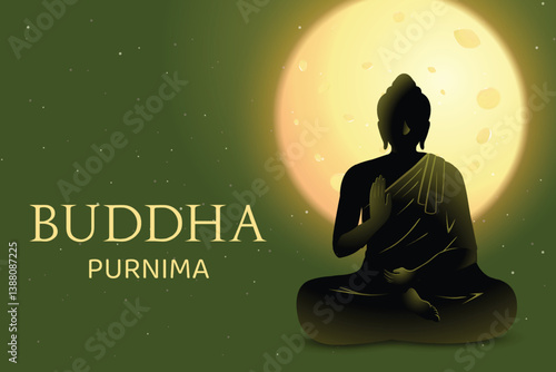 Buddha's Silhouette Meditating With Full Moon Behind On Dark Green Background. Concept Design Vector Illustration For  Buddha Purnima Festival.