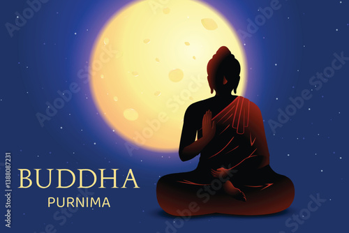 Buddha's Silhouette Meditating With Full Moon Behind On Dark Blue Background. Concept Design Vector Illustration For  Buddha Purnima Festival.